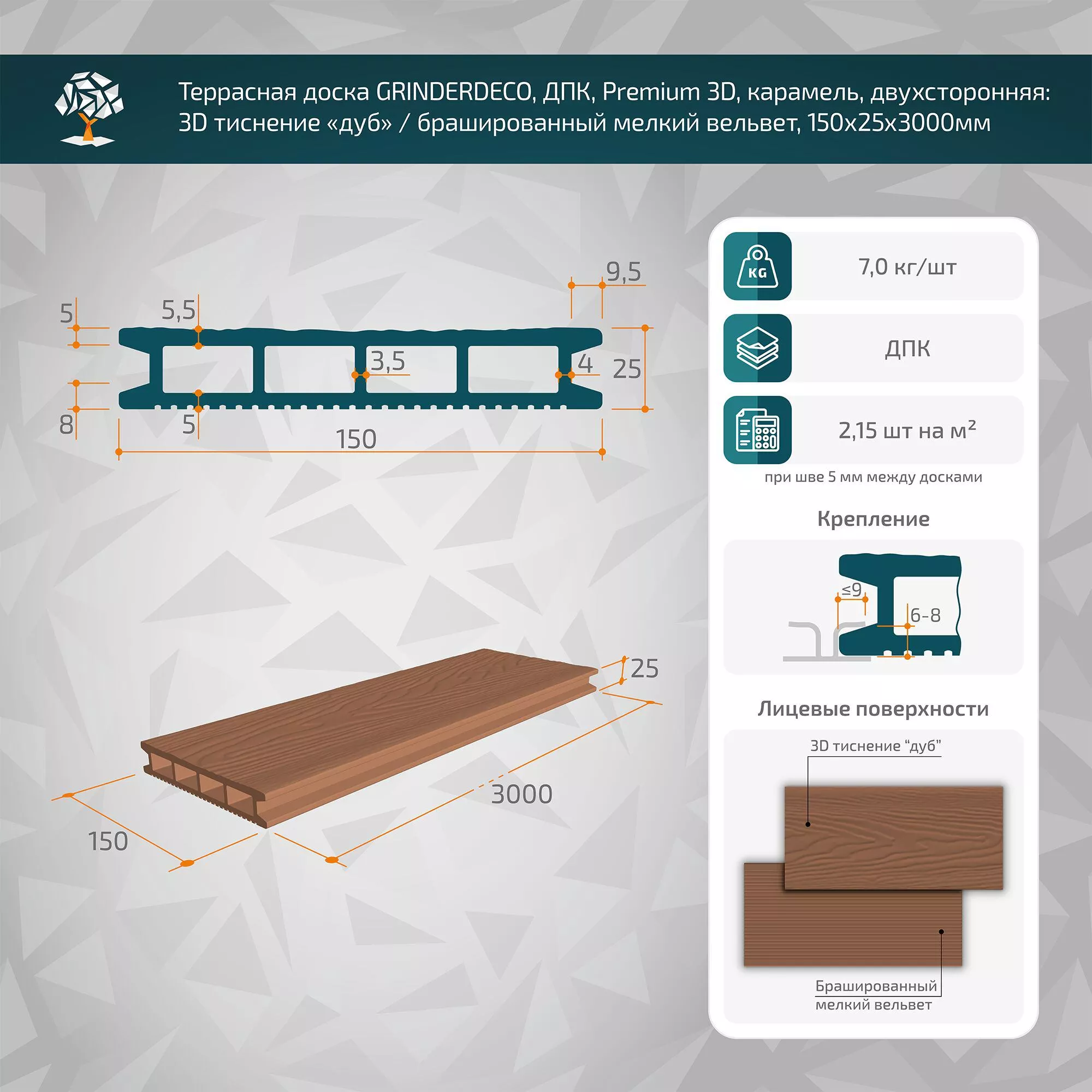 Террасная доска GRINDERDECO, ДПК, карамель, брашированный мелкий вельвет, 150х25х3000мм купить в краснодаре
